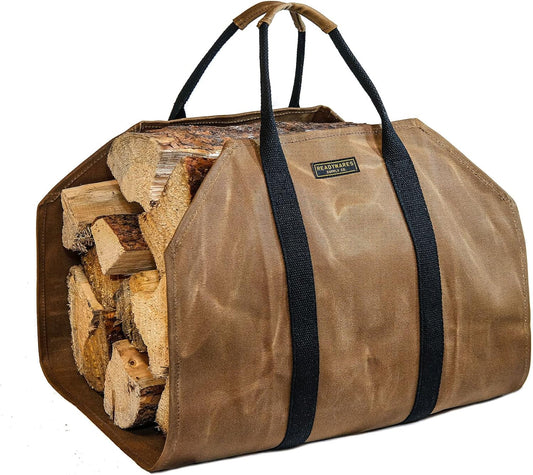 Waxed canvas firewood rack, great gift for the log cabin, firewood rack with handles, classic durable design tan