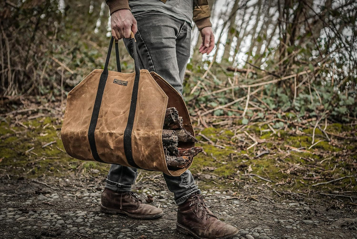 Waxed canvas firewood rack, great gift for the log cabin, firewood rack with handles, classic durable design tan