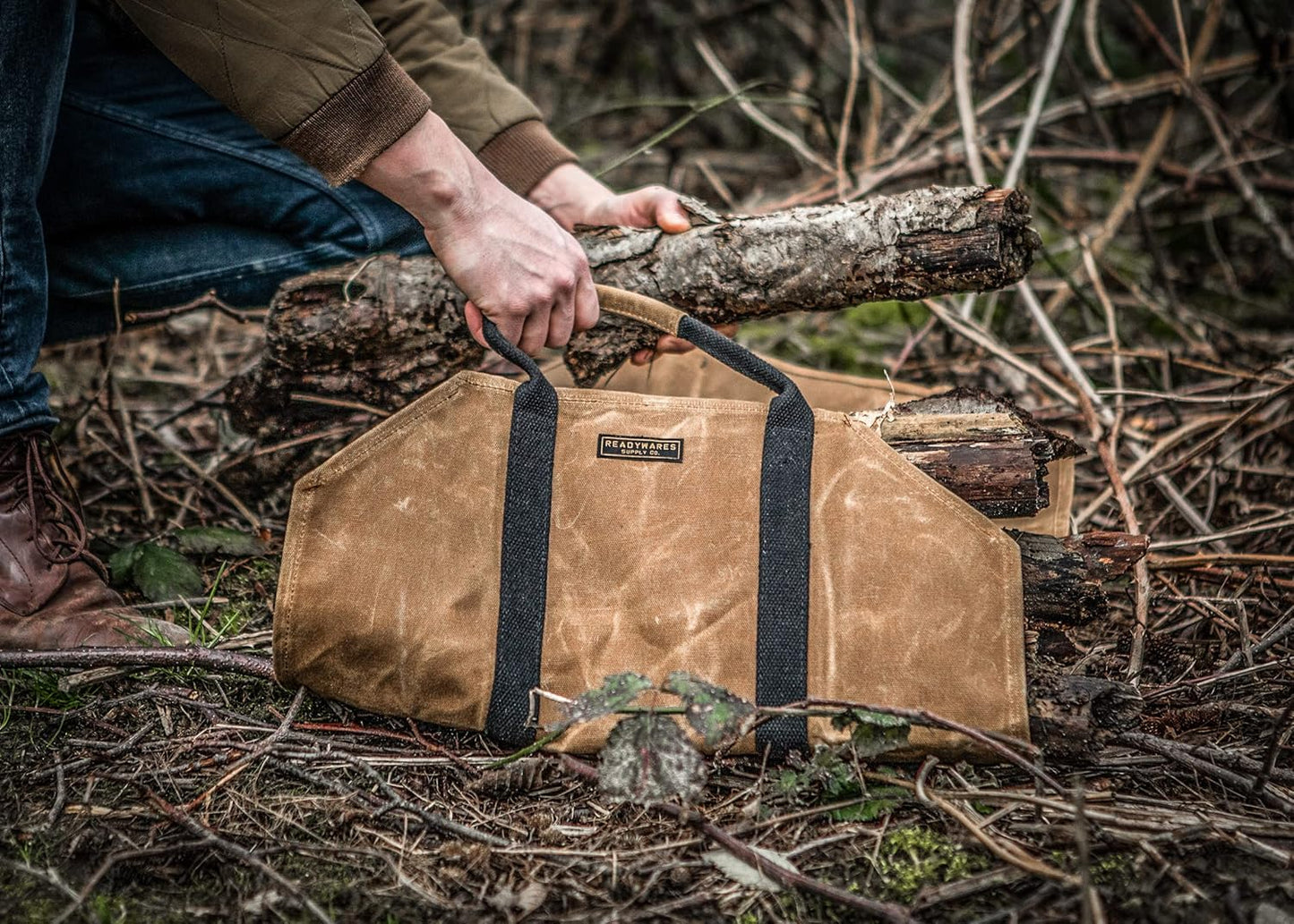 Waxed canvas firewood rack, great gift for the log cabin, firewood rack with handles, classic durable design tan