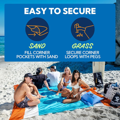 Sand-Free Beach Blanket - with Storage Pocket, Bottle Opener, Carabiner, Shoulder Straps, Corner Sandbags and 4 Stakes
