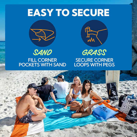 Sand-Free Beach Blanket - with Storage Pocket, Bottle Opener, Carabiner, Shoulder Straps, Corner Sandbags and 4 Stakes