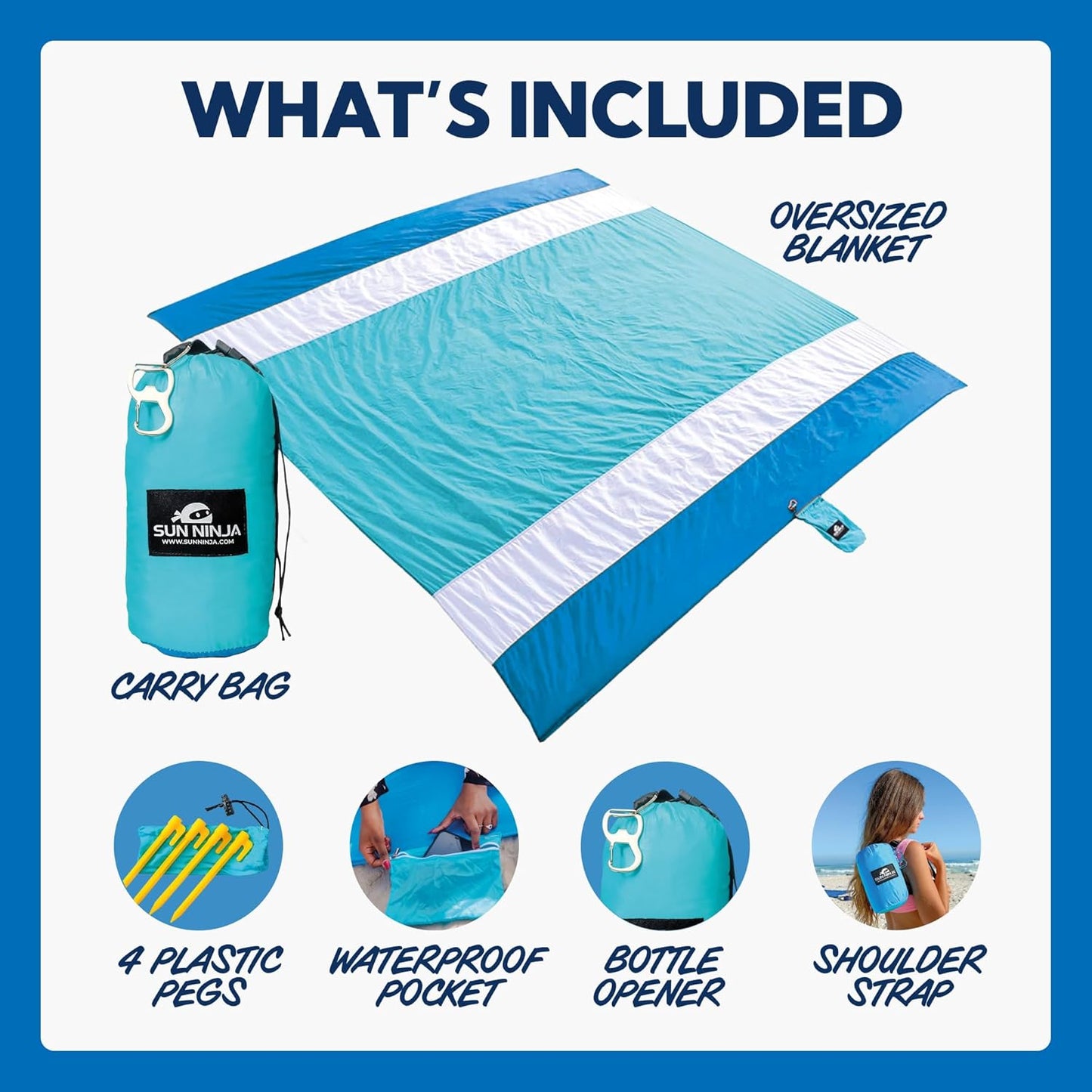 Sand-Free Beach Blanket - with Storage Pocket, Bottle Opener, Carabiner, Shoulder Straps, Corner Sandbags and 4 Stakes