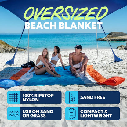 Sand-Free Beach Blanket - with Storage Pocket, Bottle Opener, Carabiner, Shoulder Straps, Corner Sandbags and 4 Stakes