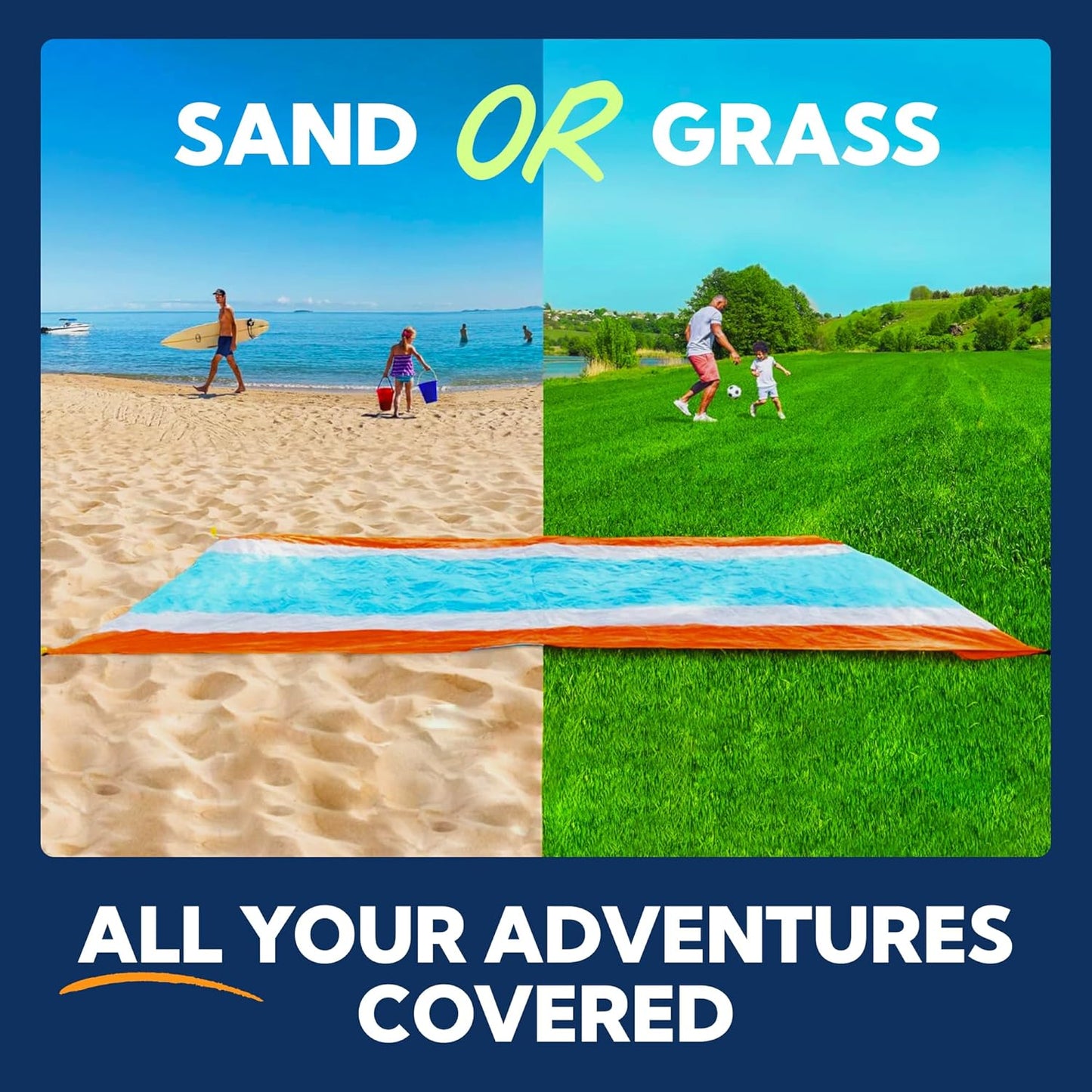 Sand-Free Beach Blanket - with Storage Pocket, Bottle Opener, Carabiner, Shoulder Straps, Corner Sandbags and 4 Stakes