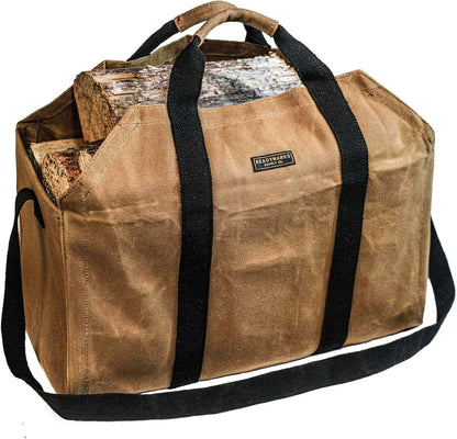 Waxed canvas firewood rack, great gift for the log cabin, firewood rack with handles, classic durable design tan
